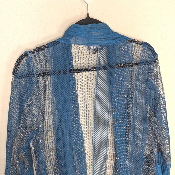 Vintage Lilly Blue Mesh Crinkle Trim Cardigan Open Duster Boho Sheer Festival M - Picture 5 of 8